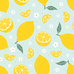 Lemon seamless pattern on light blue background. Vector illustration - 153469211