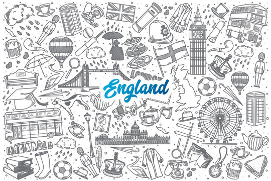 Hand drawn England doodle set background with blue lettering in vector
