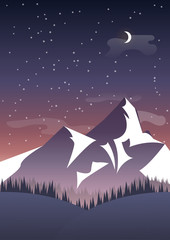 Landscape with mountains, sky, stars, trees. vector illustration on the theme of winter mountains in flat style.