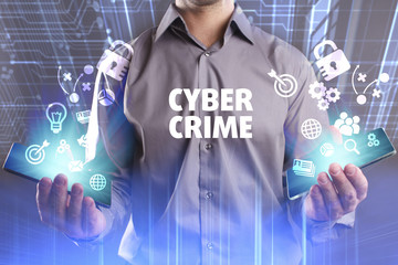 Business, Technology, Internet and network concept. Young businessman working on a virtual screen of the future and sees the inscription: Cyber crime