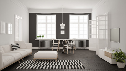 Bright minimalist living room with sofa and dining table, scandinavian white and gray  interior design