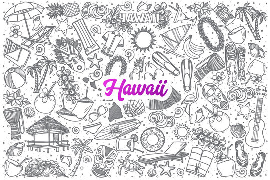 Hand drawn Hawaii doodle set background with purple lettering in vector