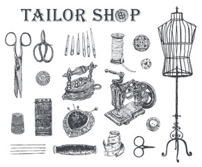 Vintage tailor shop. Tailor shears, needle and thread, spool of thread, Sewing Machine, thimble, charcoal iron, sartorial meter,  buttons, pin-cushion, tambour. Hand drawn sewing tools
