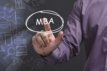 Business, Technology, Internet and network concept. Young businessman shows the word: MBA