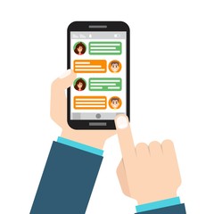 Social network. Messaging, chating concept. Hand holding smartphone. Vector illustration.