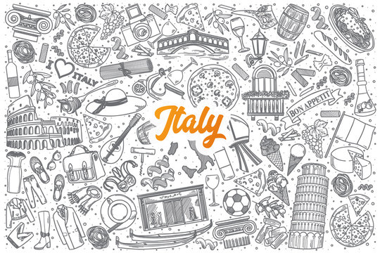 Hand drawn Italy doodle set background with orange lettering in vector