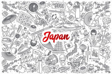 Hand drawn Japan doodle set background with red lettering in vector