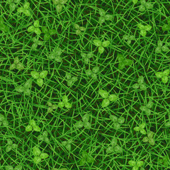 Бесшовная векторная текстура свежей зеленой травы с листиками клевера