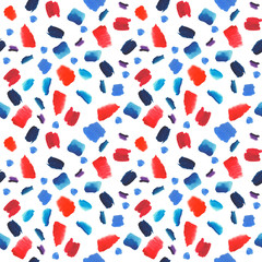 Abstract red and blue on white background watercolor painted strokes seamless pattern. Wrapping paper decoration fabric.