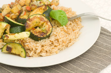 Risotto with grilled zucchini and vegetables.