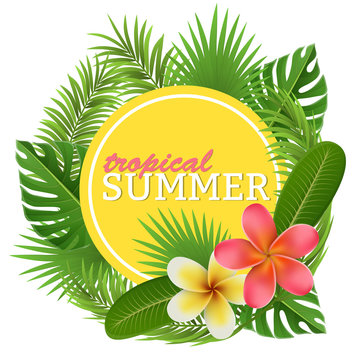 Tropical circle frame with palm leaves and tropical flower. Yellow circle frame between leaves. Vector illustration for summer, party and holiday design.