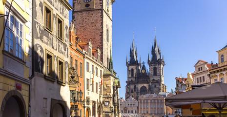 The square of the Old Town and the Gothic towers of the Church of Our Lady before Týn. Area of the Old Town Prague ,Czech Republic.