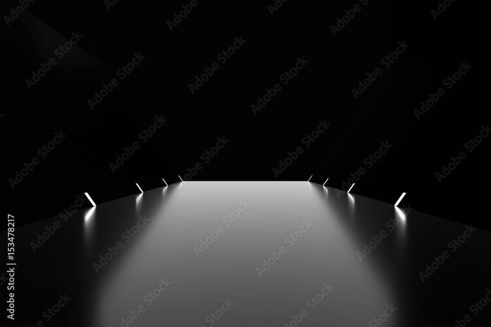Aufkleber abstract black glossy background with glow light lamp on floor. 3d rendering.