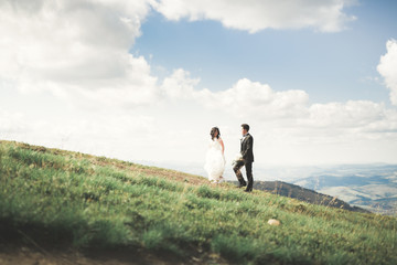 Gorgeous bride and stylish groom walking at sunny landscape, wedding couple, luxury ceremony mountains with amazing view, space for text