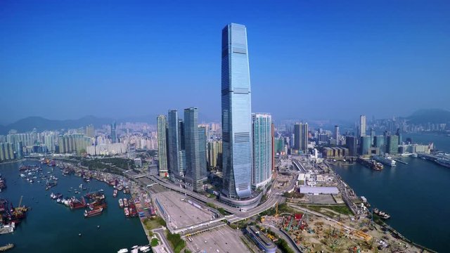 4K Aerial Wide Shot of Hong Kong of China. Flying over the West Kowloon District.