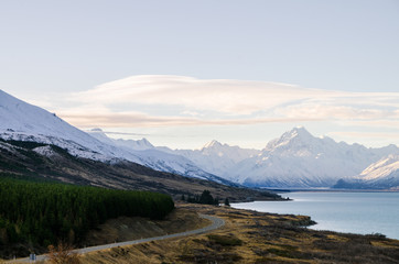 Beautiful dusk hour at Mount. Cook. It is the highest mountain in New Zealand with height listed as...