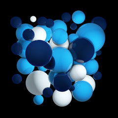 Group of colored 3d spheres. Flying spheres, abstract bubbles. Blue balls, Isolated round orbs. 3D illustration
