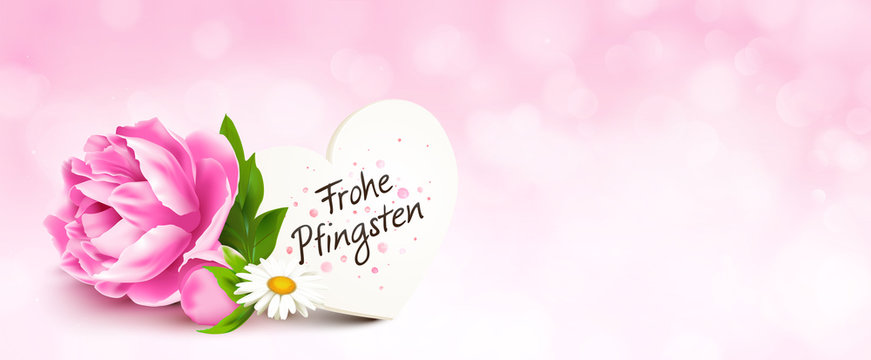 Pfingstrose mit Herz Gru&szlig;karte und rosa Bokeh Hintergrund - Frohe Pfingsten