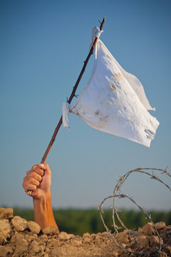 Arm holding stick with a white flag. Soldier in trench with barbed wire surrendering in war battle.