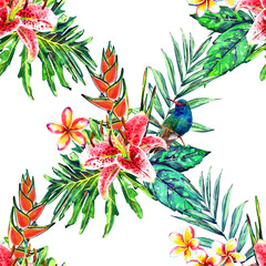 Fototapeta na wymiar Seamless tropical floral pattern. Watercolor exotic plants: flowers of heliconia and plumeria, pink lilies, palm branches and hummingbirds on white background. Textile design.