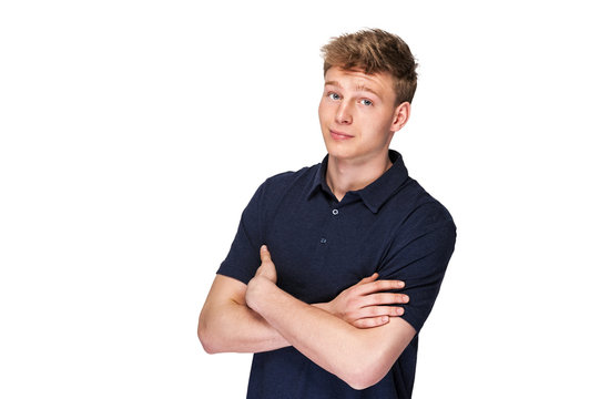 Man In Navy Polo T-shirt On White Background With Smile.