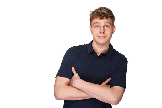 Man In Navy Polo T-shirt On White Background With Smile.