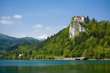 Fototapeta na wymiar Medieval castle above the Bled lake in Slovenia. Horizontal image