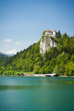 Medieval castle above the Bled lake in Slovenia. Vertical image