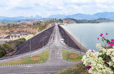 View over of  ratchaprapha dam or Cheow Lan Dam hydro electric power station at khao sok national...