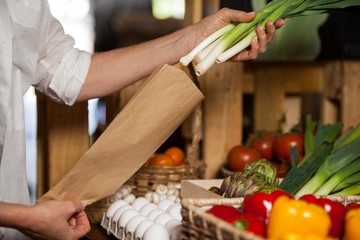 Staff packing spring onion in paper bag at grocery shop