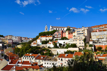 View of the houses beneath the terraces of the Miradouro da Graca panoramic point in Lisbon, Portugal