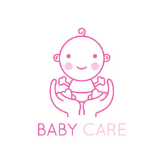 aVector logo design element and emblem - baby care and love concept - happy newborn in mother's hands - cartoon illustration