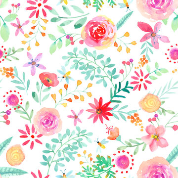 Watercolor hand painted rose floral seamless pattern