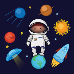 Little boy spaceman in space, rocket, satellite, UFO, planets and stars, cartoon vector illustration isolated on dark background. Little boy, kid spaceman in space, shuttle, satellite, planets, stars