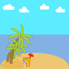 A vacation on a beach with palm trees, Ocean, sky and clouds with Umbrella, suitcase and beach toys.