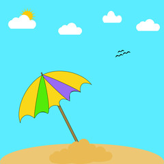 Fototapeta na wymiar A vacation on a beach with palm trees, Ocean, sky and clouds with Umbrella, suitcase and beach toys.