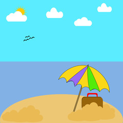 Fototapeta na wymiar A vacation on a beach with palm trees, Ocean, sky and clouds with Umbrella, suitcase and beach toys.
