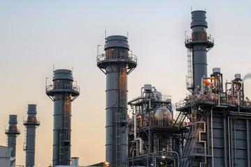Gas turbine electrical power plant with blue hour at dusk
