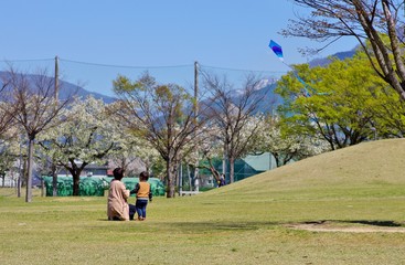 春の公園で凧揚げを楽しむ人たち