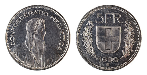 Swiss Money Coin - 5 Francs, isolated on white background with clipping path. 1999.