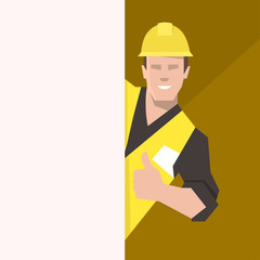 Construction worker behind the blank banner, giving thumbs up. Flat vector illustration.