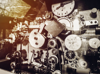 Old mechanism of tower clock with  bells