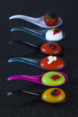 Molecular cuisine dishes in plastic buffet tableware 