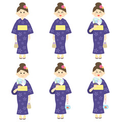 浴衣の女性のイラストセット