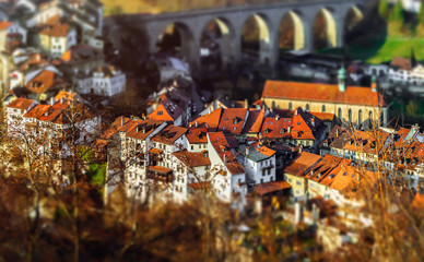 Old buildings of medieval city Fribourg, Switzerland, aerial view