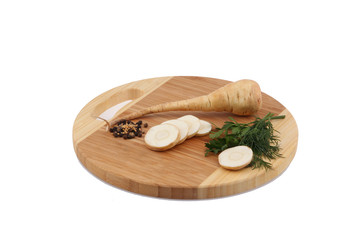 Fresh vegetables and fruits on the wooden board