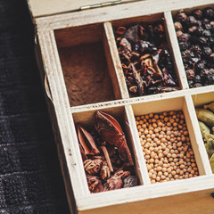 Spices in a box (set): cinnamon, baden, turmeric, mustard, cardamom, paprika, pepper, cumin, salt