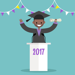 Graduated student wearing a cap and a gown standing behind the tribune / flat editable vector illustration, clip art