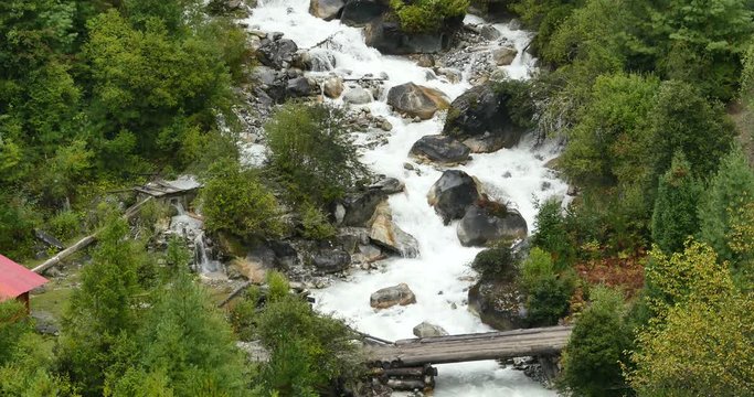 4k Waterfall flowing in the valley,Green conifers,Bomi County,tibet.the largest precipitation area in China.