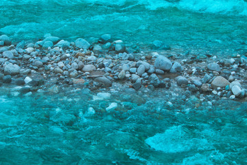 Pine tree forest river flows through the rocks. Beautiful powerful rapid steam of the mountain river flows between pebbles rocks. Nature of Balkanes, Bulgaria.